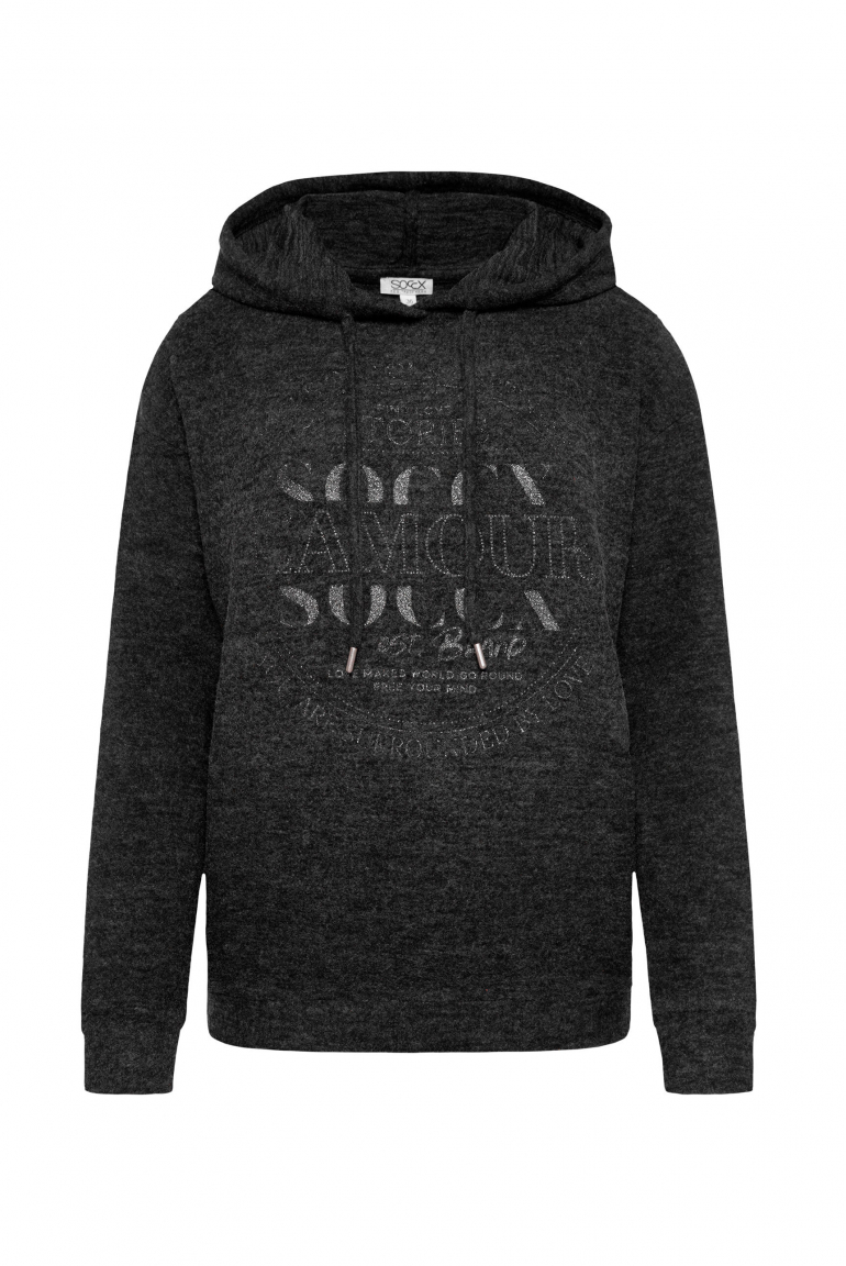 Hoodie aus Flauschstrick mit Glitzer-Print black melange