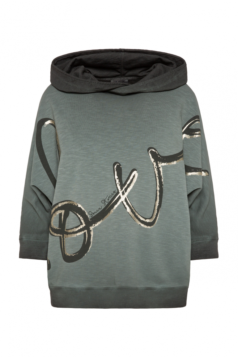 Hoodie mit kurzen Fledermausärmeln und Folienprint green shadow