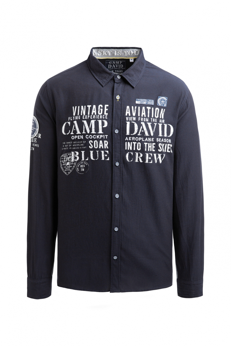 Jacquard-Langarmhemd mit Artworks blue navy