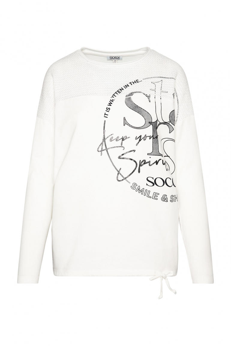 Langarmshirt mit Chenillestrick und Glitter Print ivory