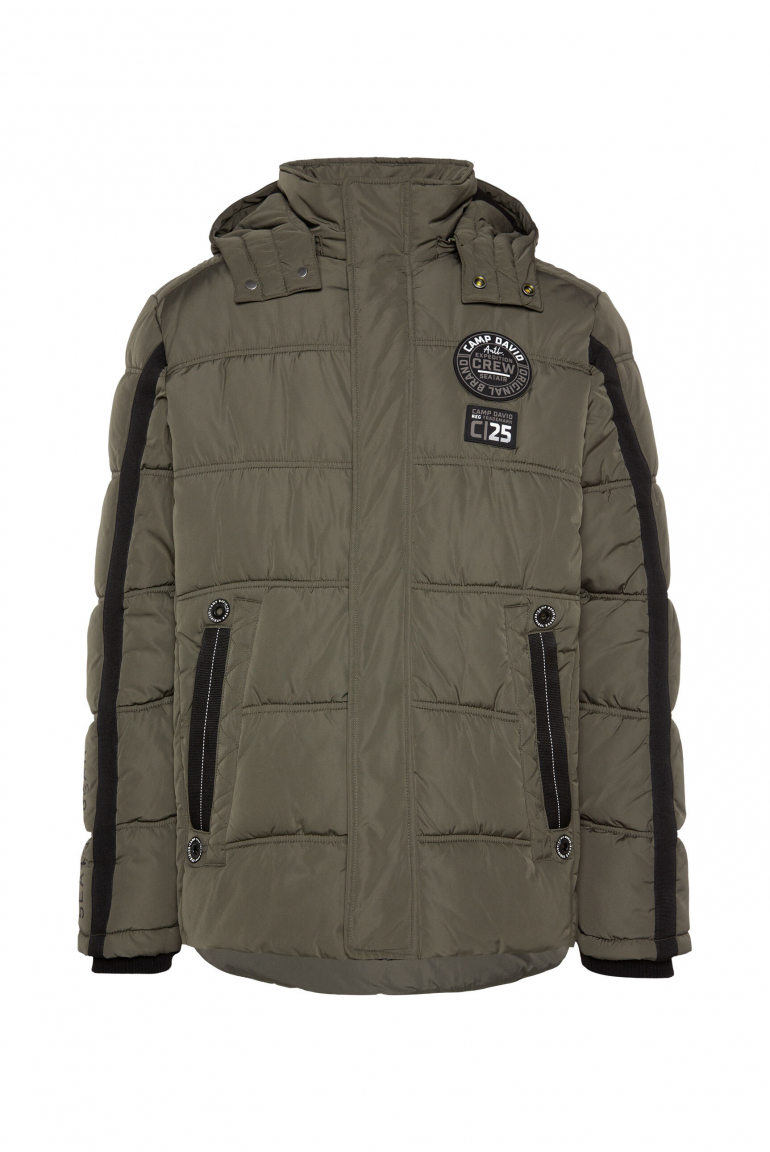 Lange Steppjacke mit Kapuze und Rücken-Artwork medium khaki