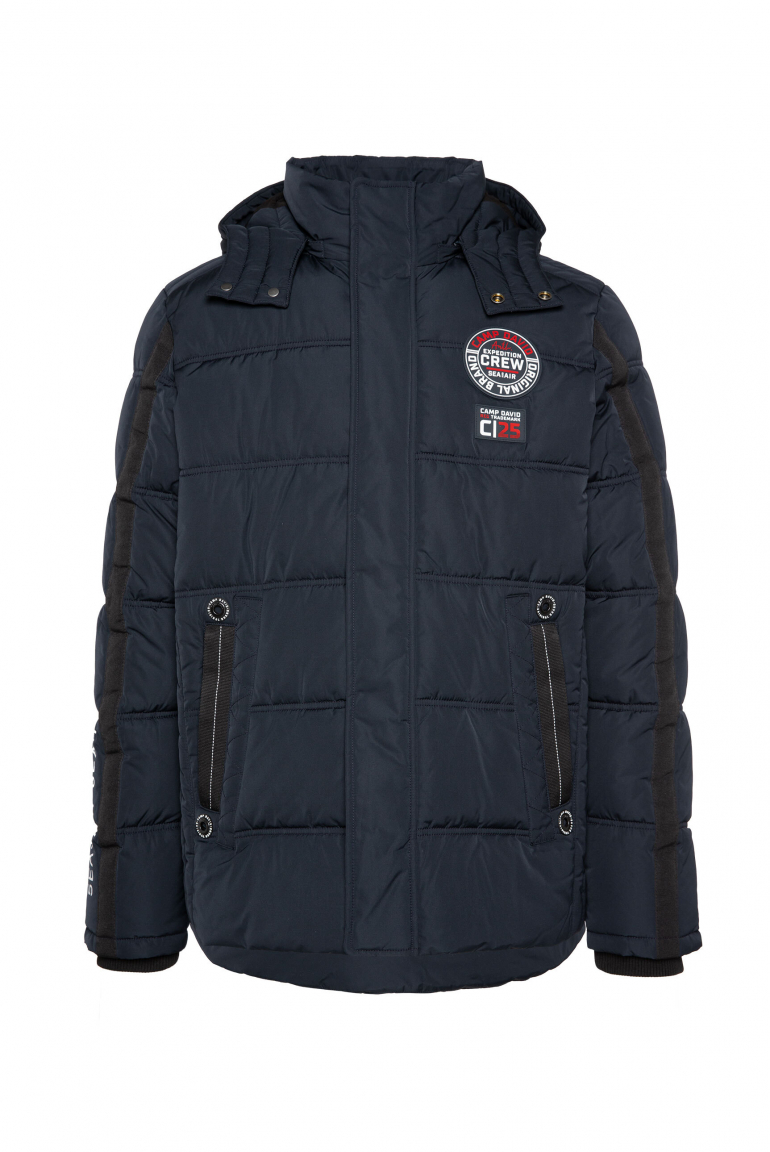 Lange Steppjacke mit Kapuze und Rücken-Artwork blue navy