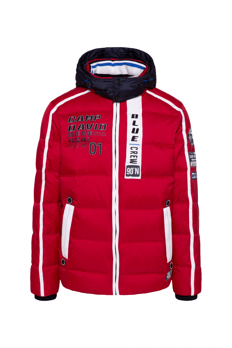 Lange Steppjacke mit Tapes, Patches und Kapuze bright red
