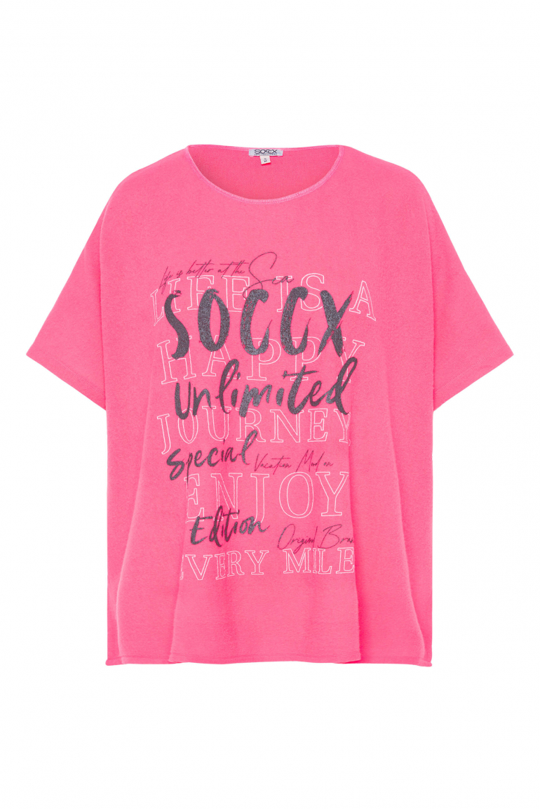Poncho aus Flauschstrick mit Glimmer Print neon pink