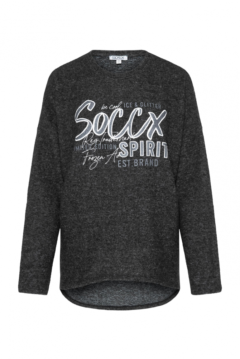 Pullover aus Flauschstrick mit Glimmer Gel Print black melange