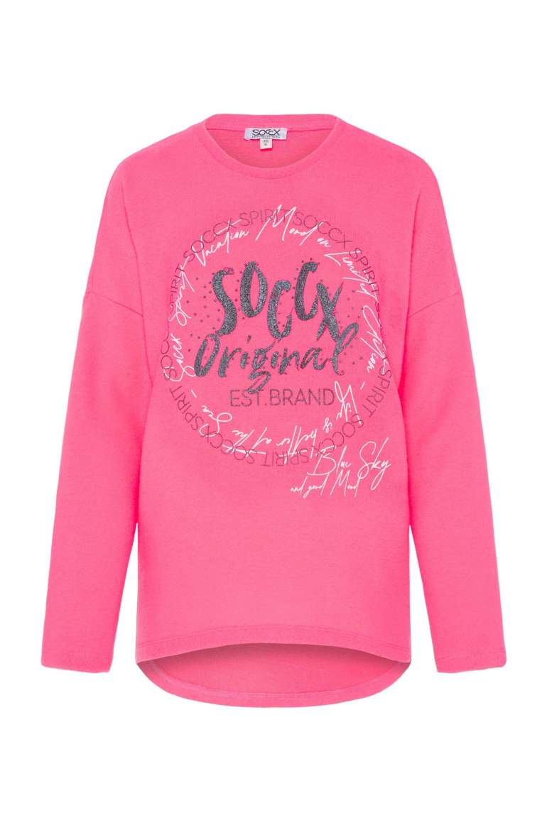 Pullover aus Flauschstrick mit Glimmer Gel Print neon pink