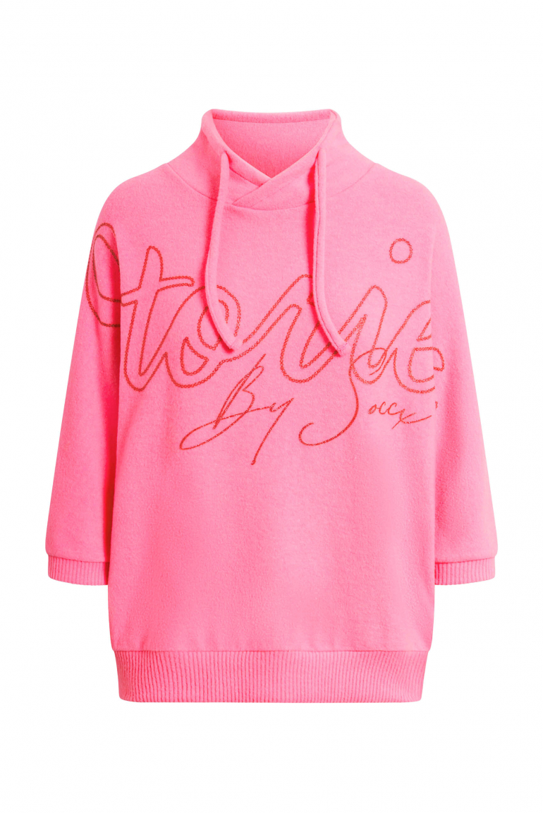 Pullover aus Flauschstrick mit Glitter-Print neon rose