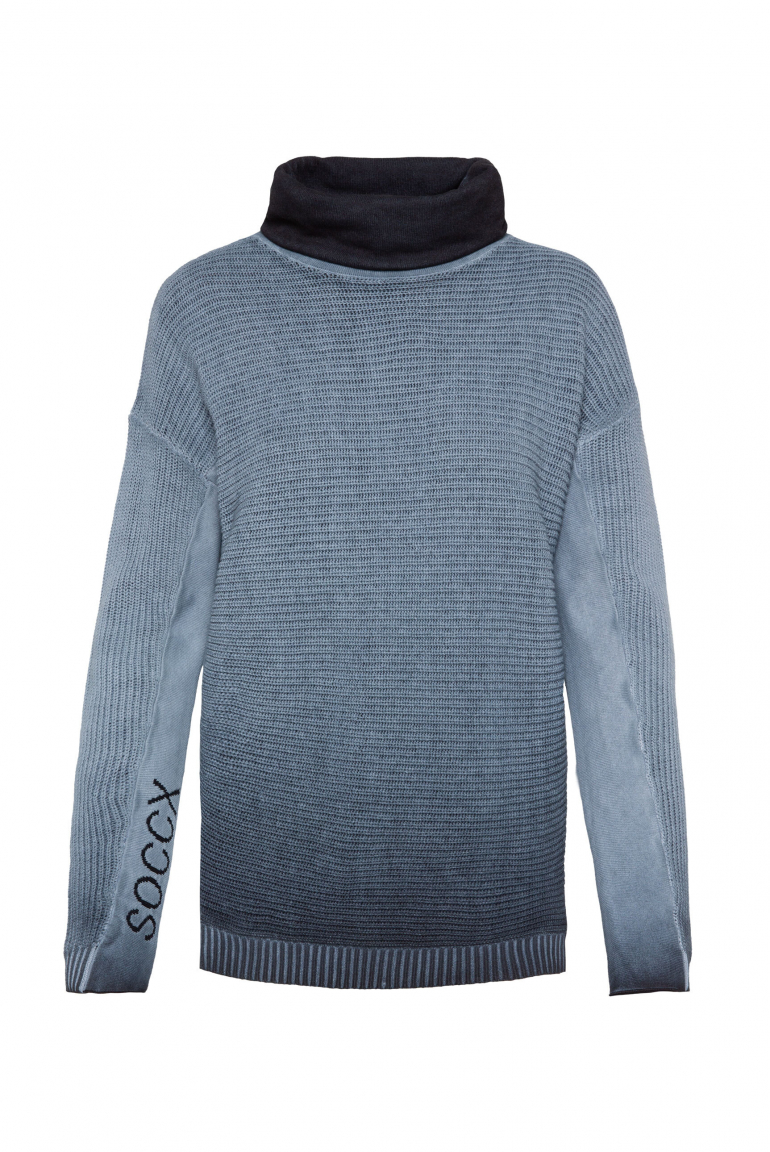 Pullover Oil Dyed mit Rollkragen und Intarsia-Logo blue navy