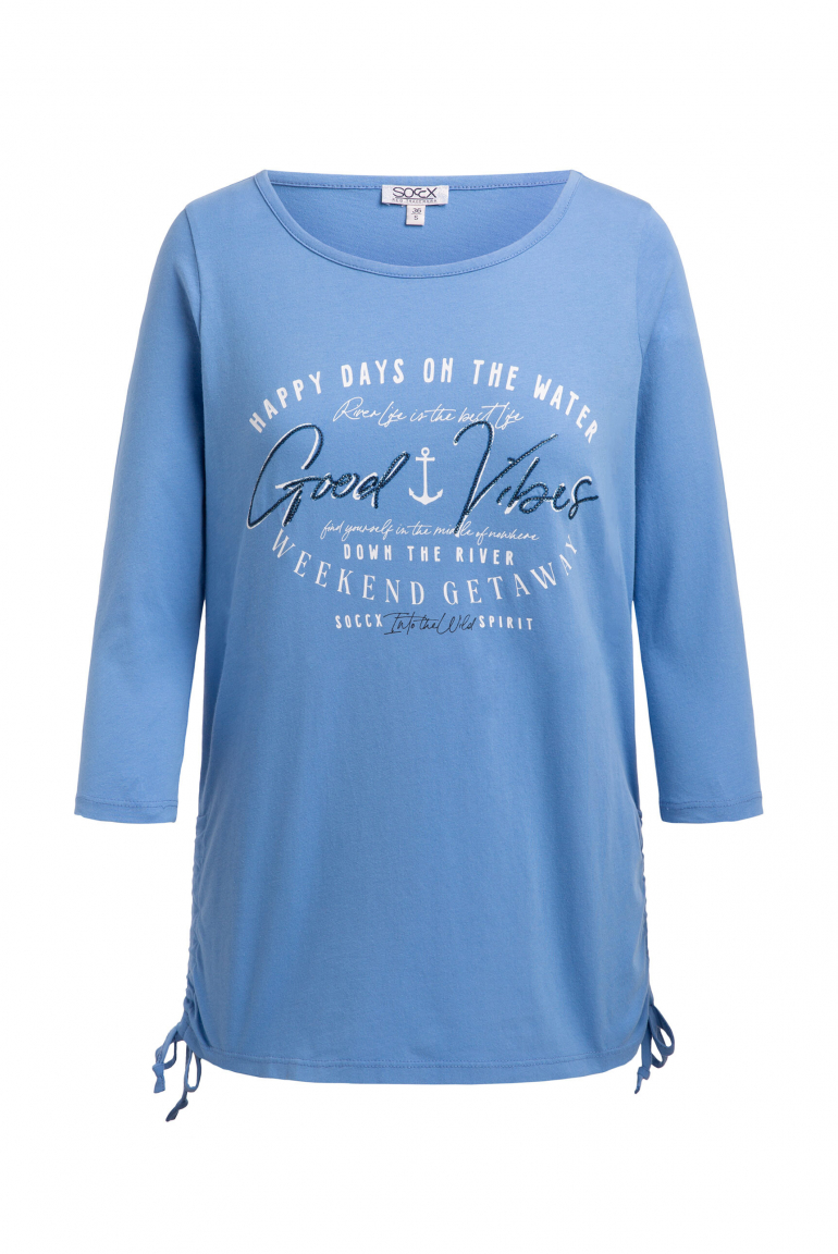 Rundhalsshirt mit 3/4-Ärmeln und Seitenraffung river blue