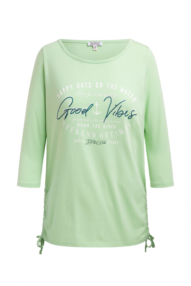 Rundhalsshirt mit 3/4-Ärmeln und Seitenraffung milky green