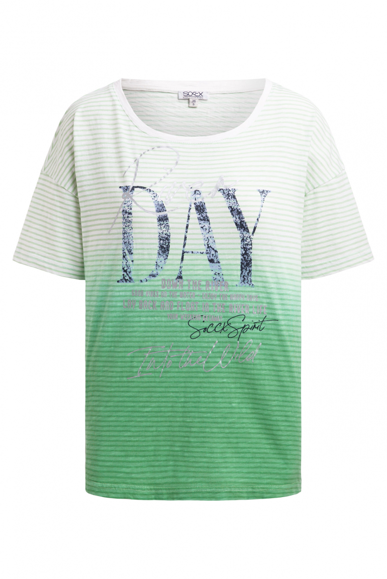 Streifenshirt mit Dip-Dye-Effekt und Artwork ivory / milky green