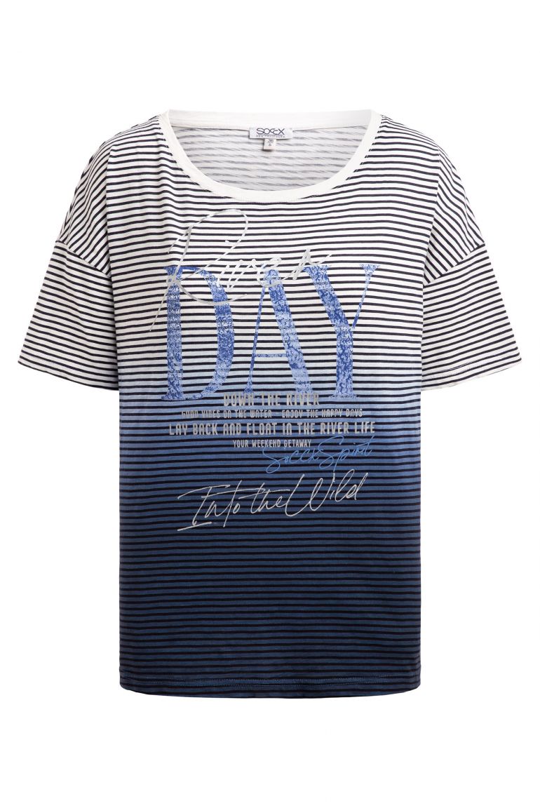 Streifenshirt mit Dip-Dye-Effekt und Artwork ivory / blue navy