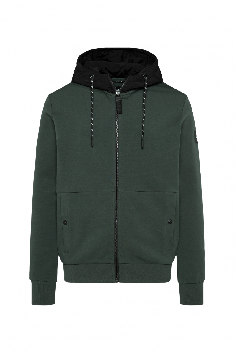Sweatjacke aus Interlock mit Nylon-Kapuze oliv