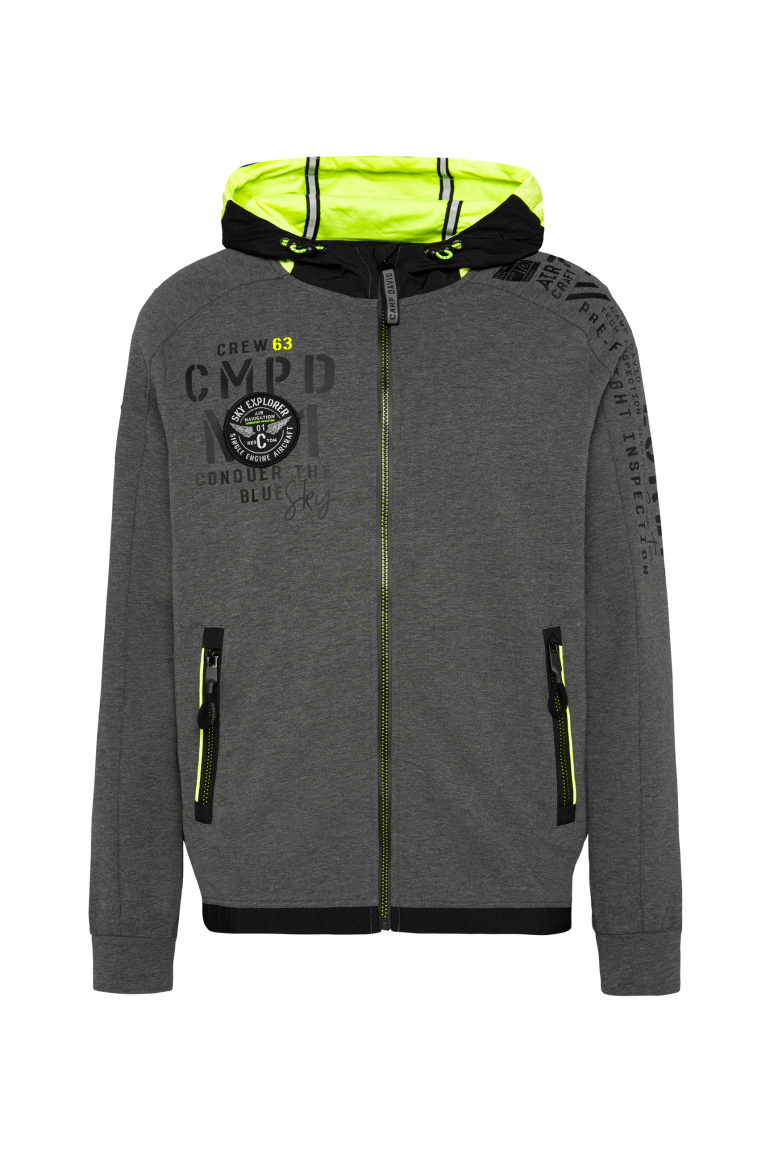 Sweatjacke mit Kontrastkapuze, Prints und Patch anthra melange
