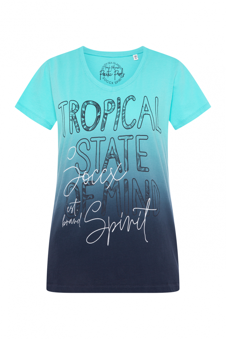 T-Shirt Dip Dye mit V-Neck und Artwork blue navy