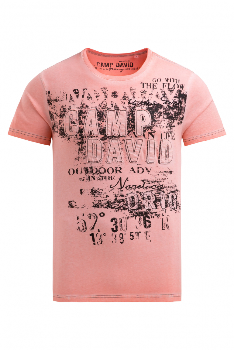 T-Shirt im Used Look mit Logo-Applikationen wild salmon