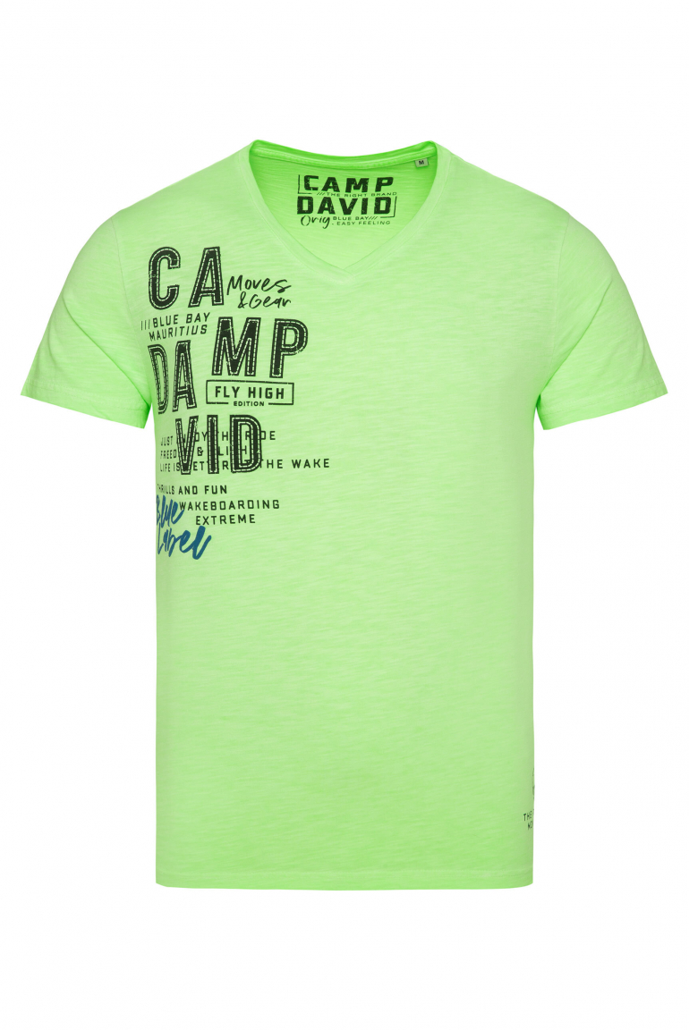 T-Shirt Inside Oil Dyed mit V-Neck und Print neon green