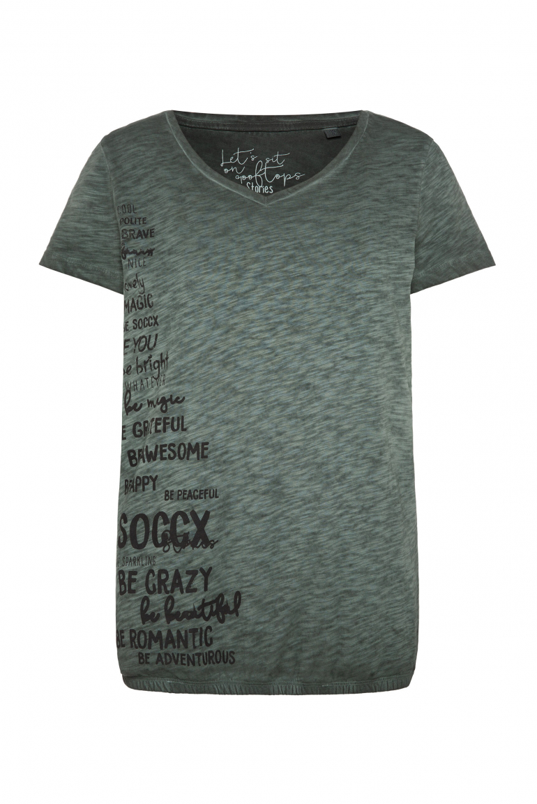 T-Shirt mit Gummizugsaum und Label Print green shadow