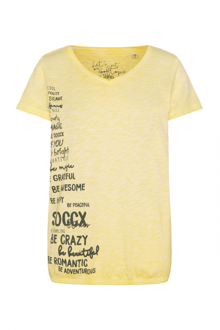 T-Shirt mit Gummizugsaum und Label Print soft yellow