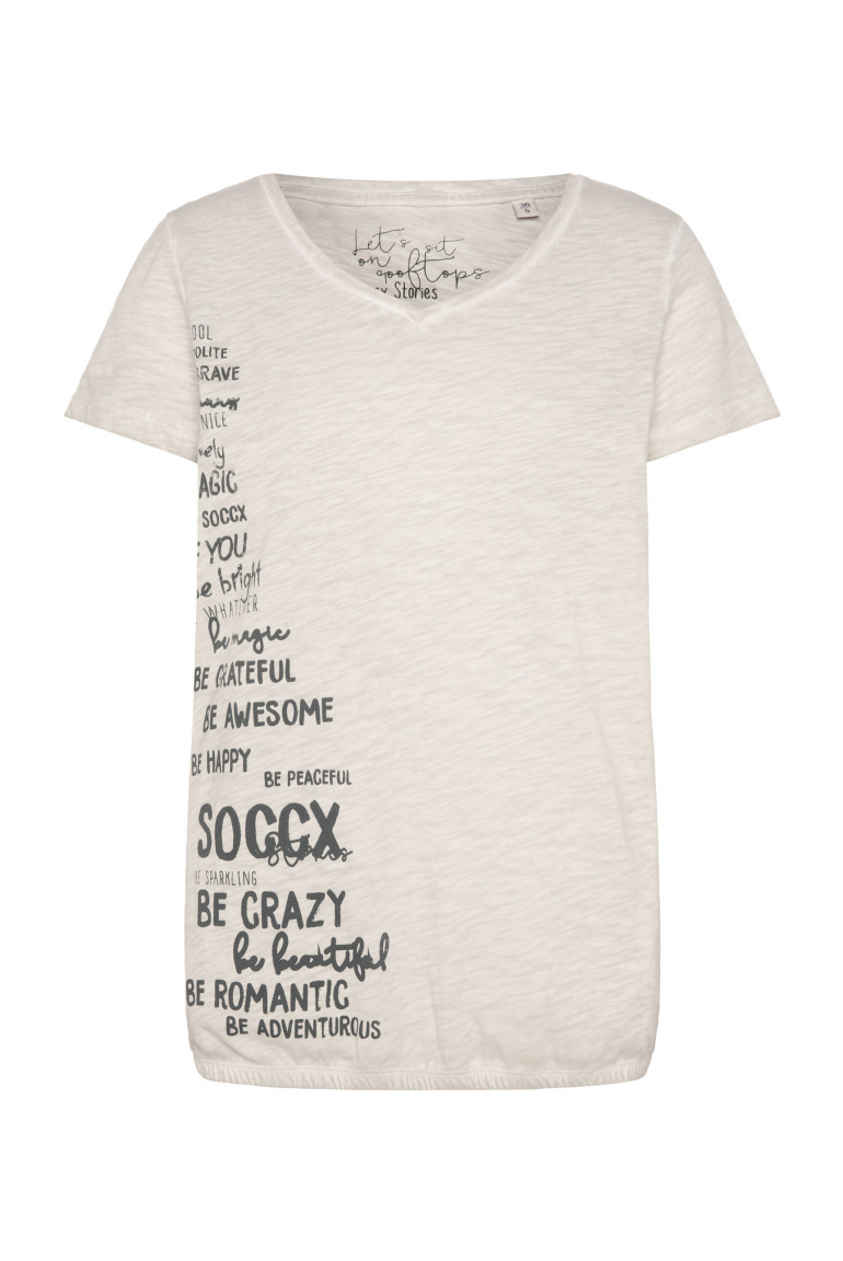 T-Shirt mit Gummizugsaum und Label Print silvery