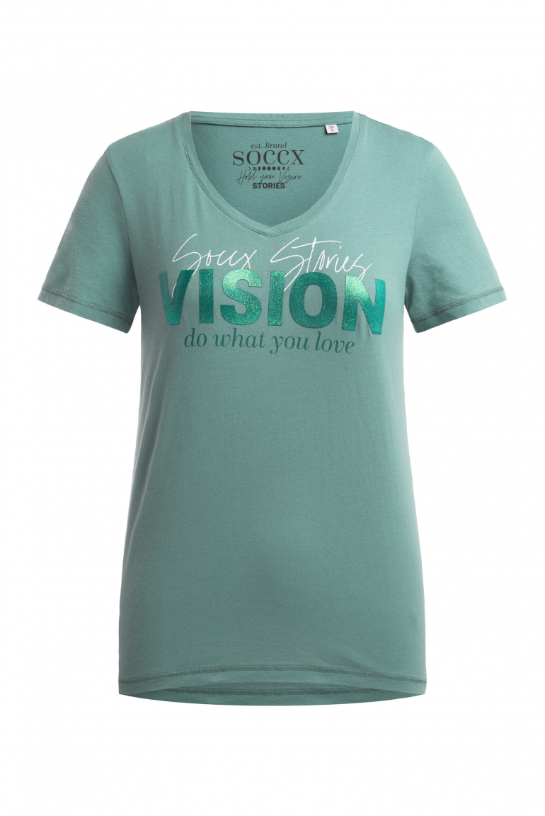 T-Shirt mit V-Ausschnitt und Glitter Print topaz