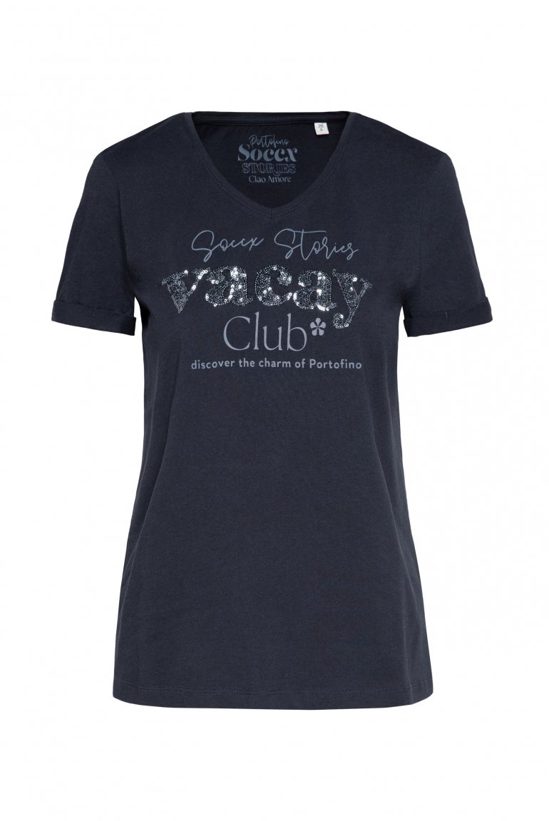 T-Shirt mit V-Ausschnitt und Pailletten-Artwork deep sea