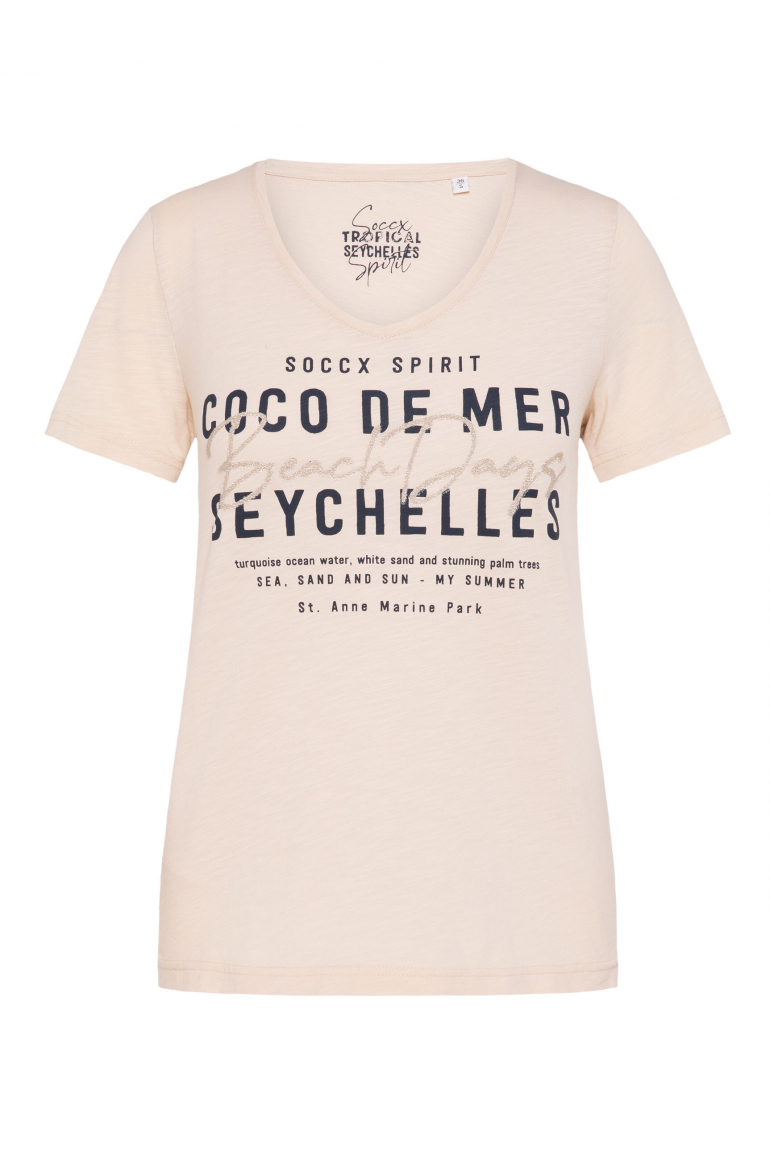 T-Shirt mit V-Neck und Caviar-Print-Wording milky beige