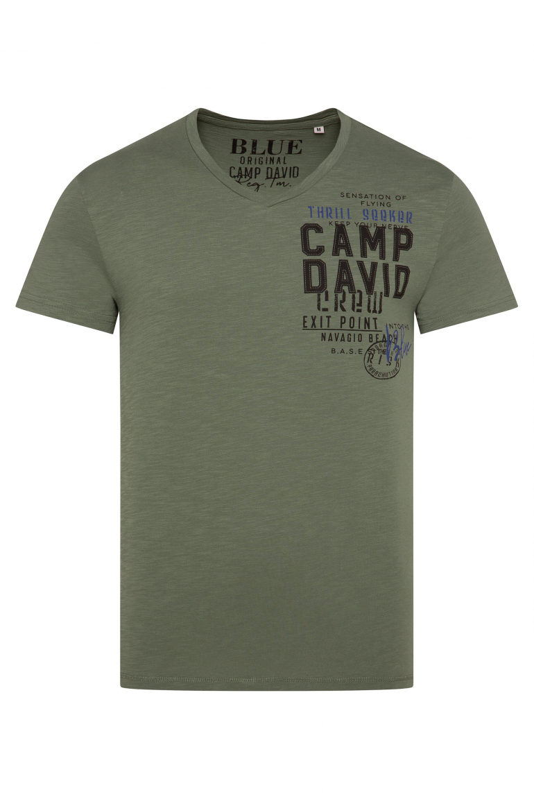 T-Shirt mit V-Neck und Logo Print green olive