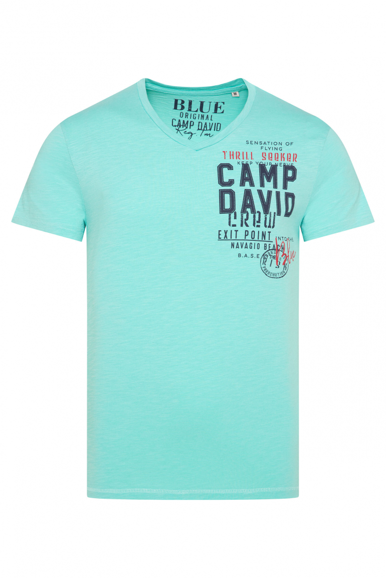 T-Shirt mit V-Neck und Logo Print flash aqua