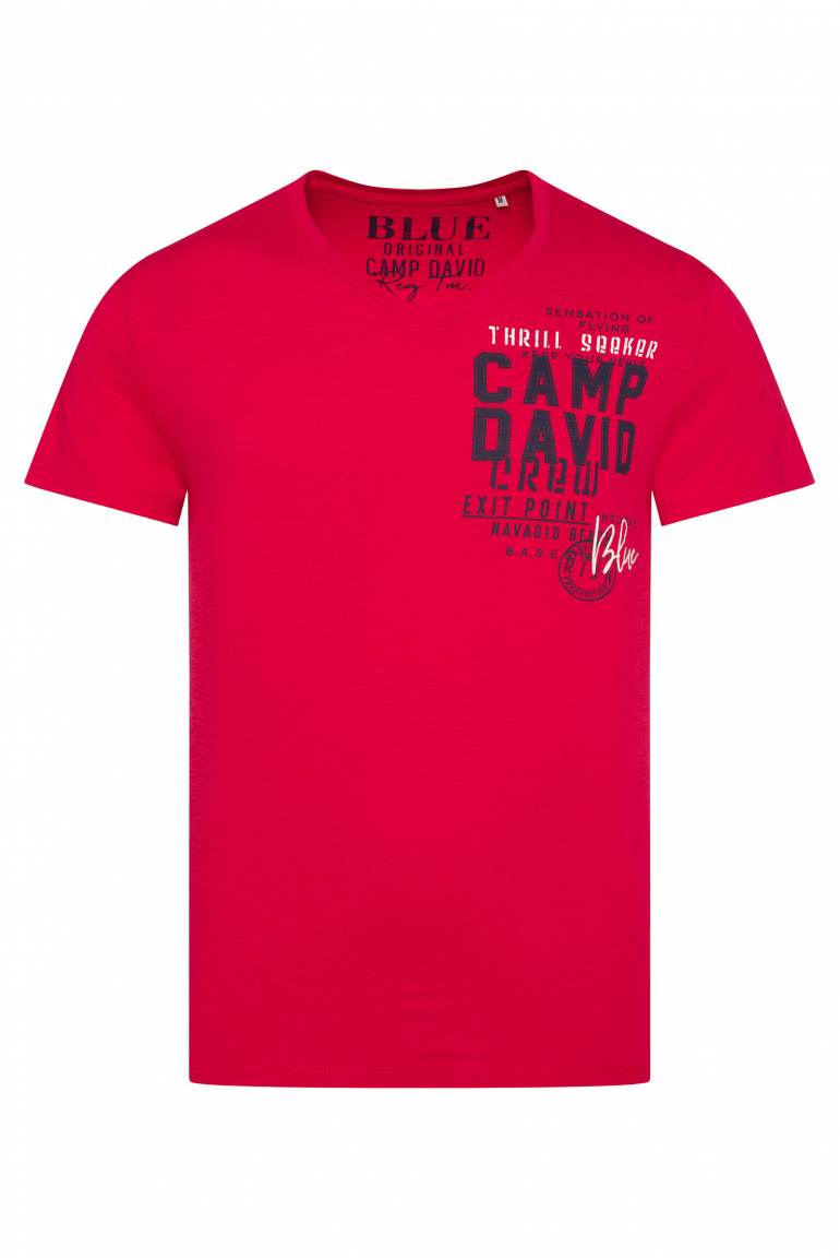 T-Shirt mit V-Neck und Logo Print speed red