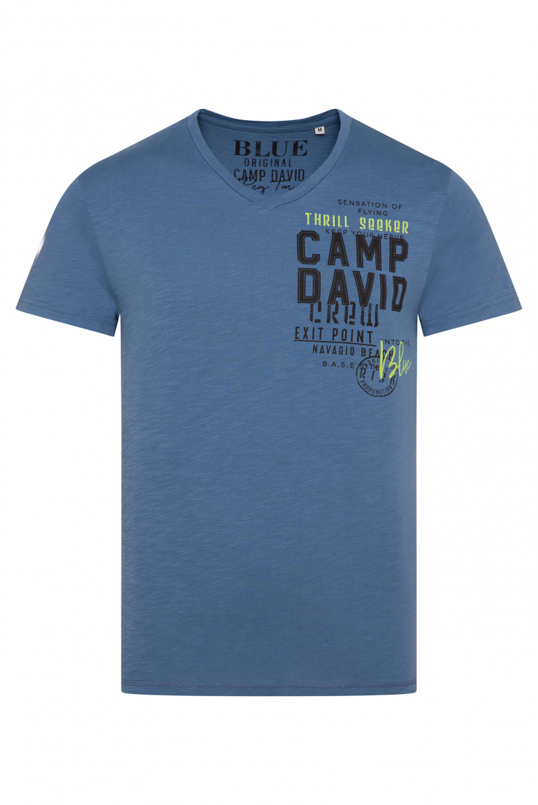 T-Shirt mit V-Neck und Logo Print wave blue