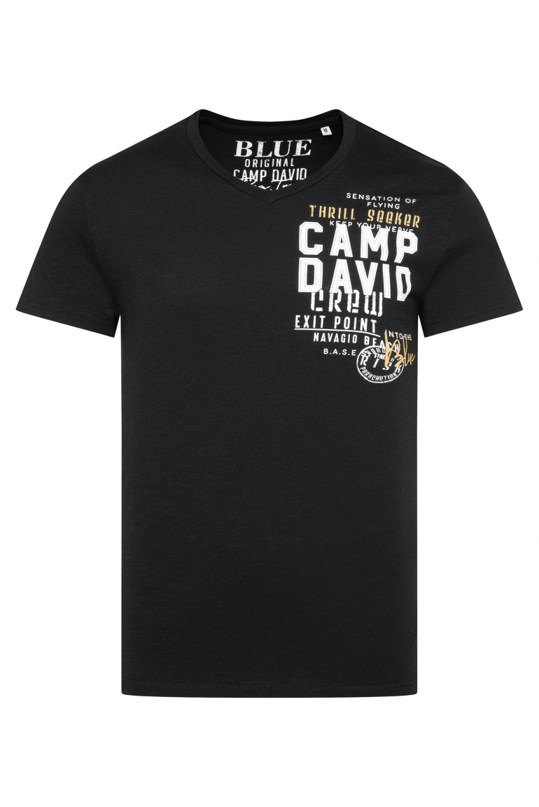 T-Shirt mit V-Neck und Logo Print black