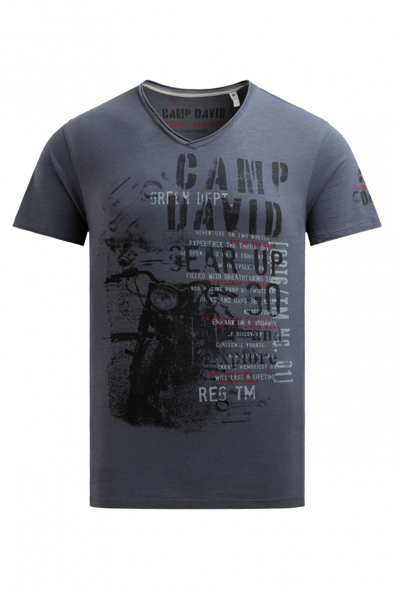 T-Shirt V-Neck im Used Look mit Photoprint blue shades