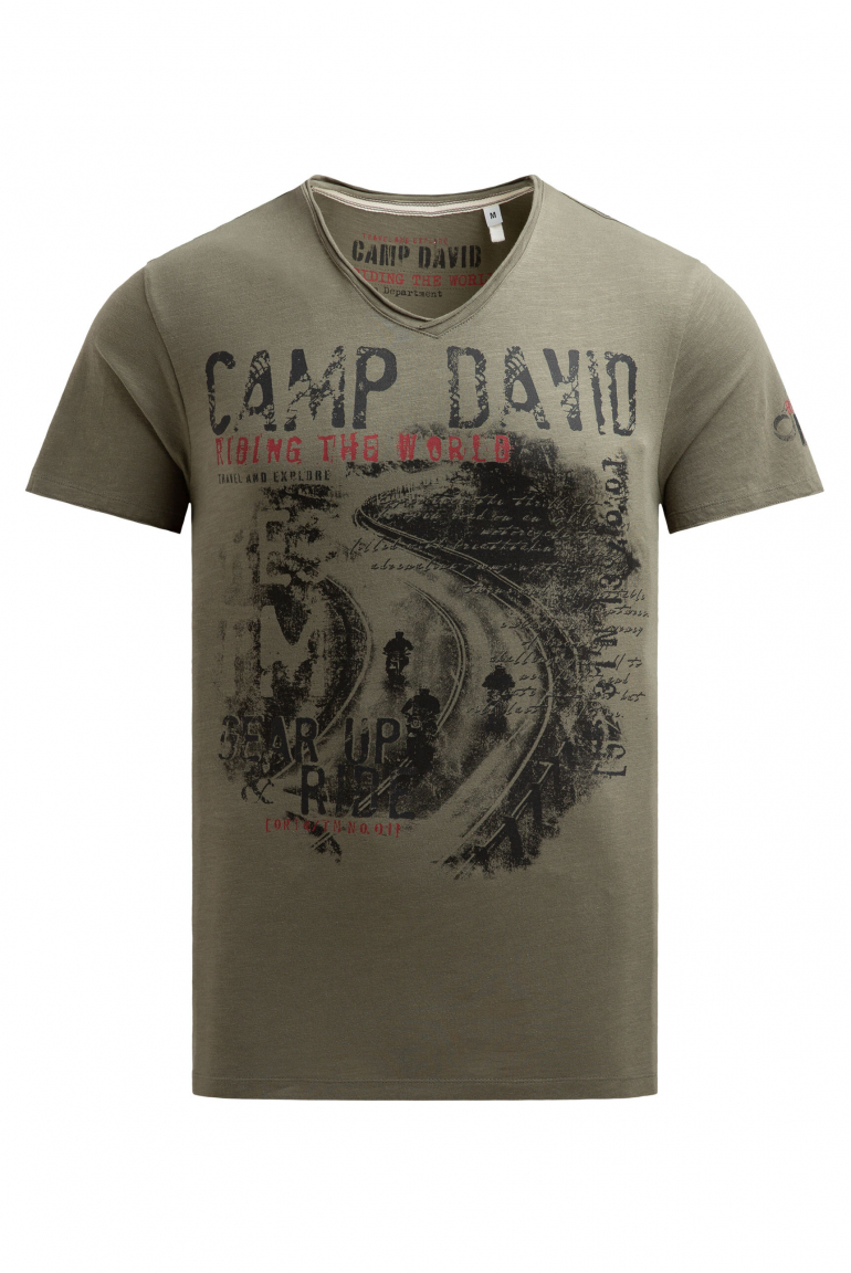 T-Shirt V-Neck im Used Look mit Photoprint vintage khaki
