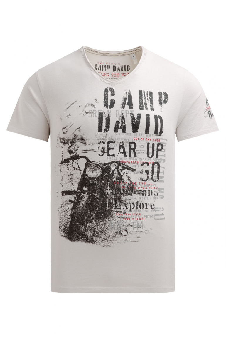 T-Shirt V-Neck im Used Look mit Photoprint ash