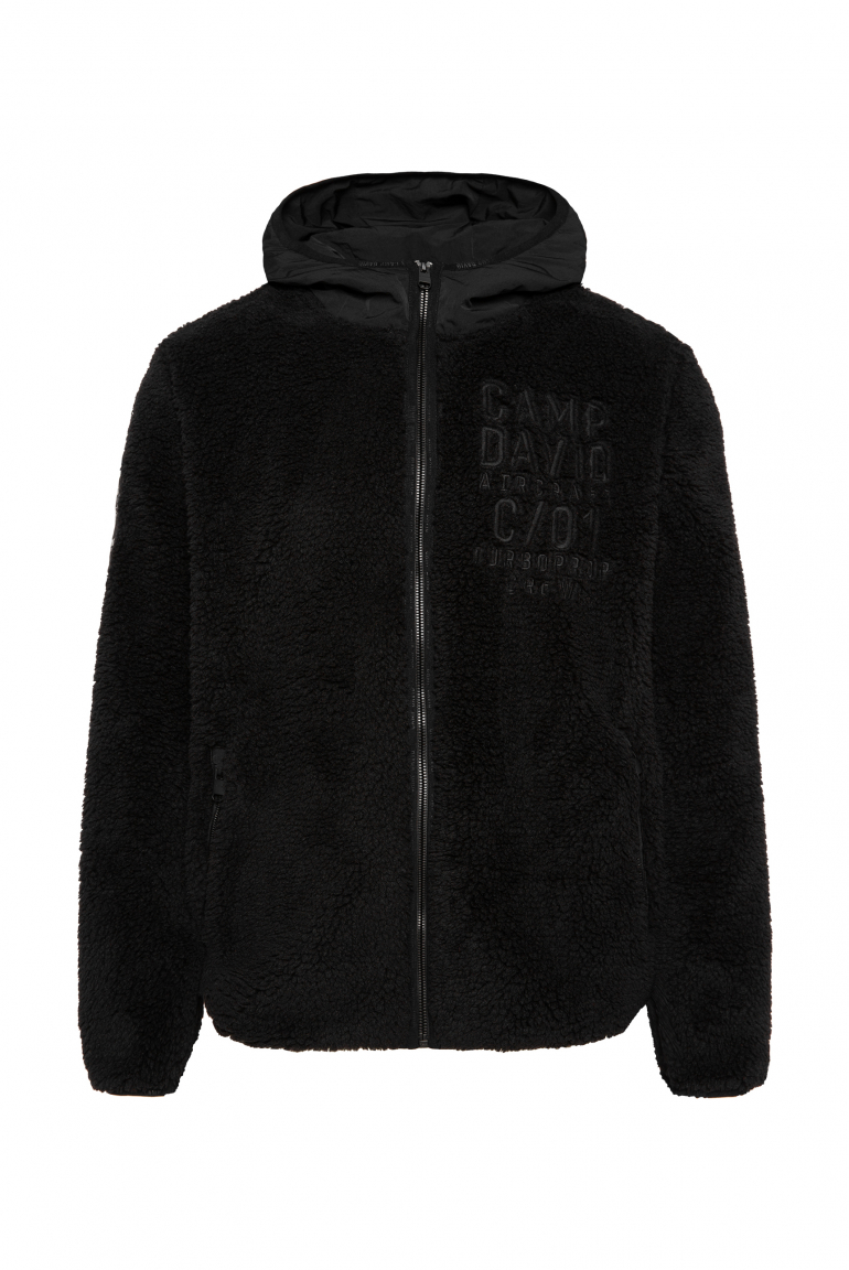 Teddyfleecejacke mit Ripstop-Kapuze und Stickereien black