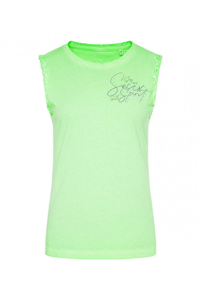 Top mit Flechtkante am Armausschnitt und Rücken-Artwork neon green