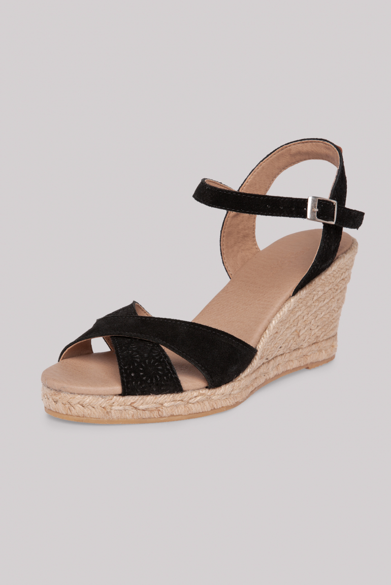 Veloursleder-Espadrille mit Keilabsatz black