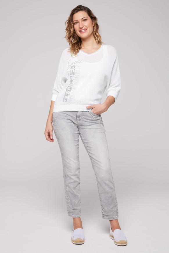 Mesh-Pullover mit Wording aus Glitzersteinen