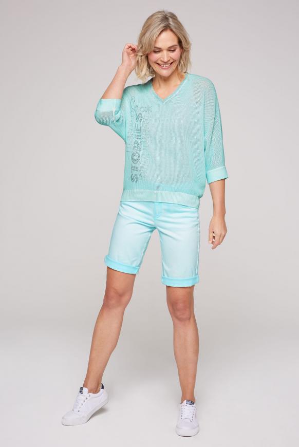 Mesh-Pullover mit Wording aus Glitzersteinen