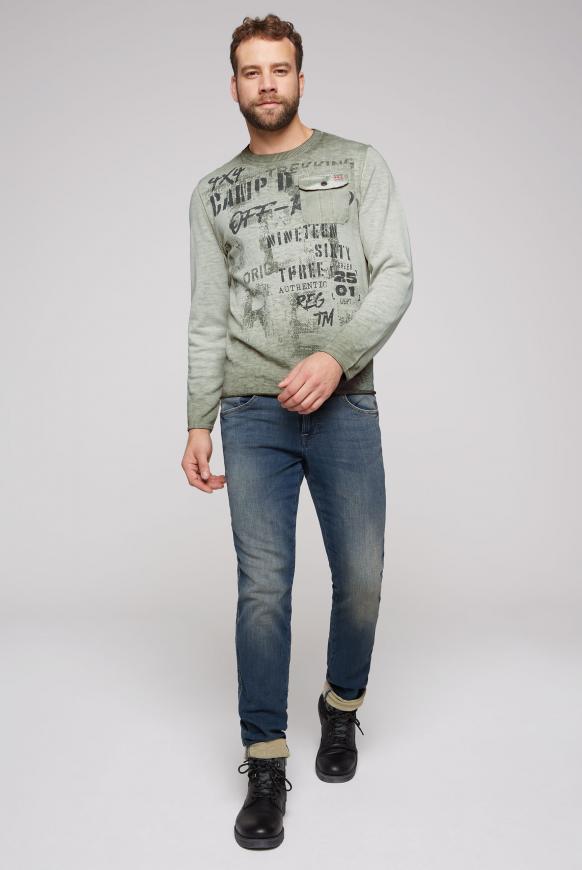 Pullover mit Used Look, Print und Tasche