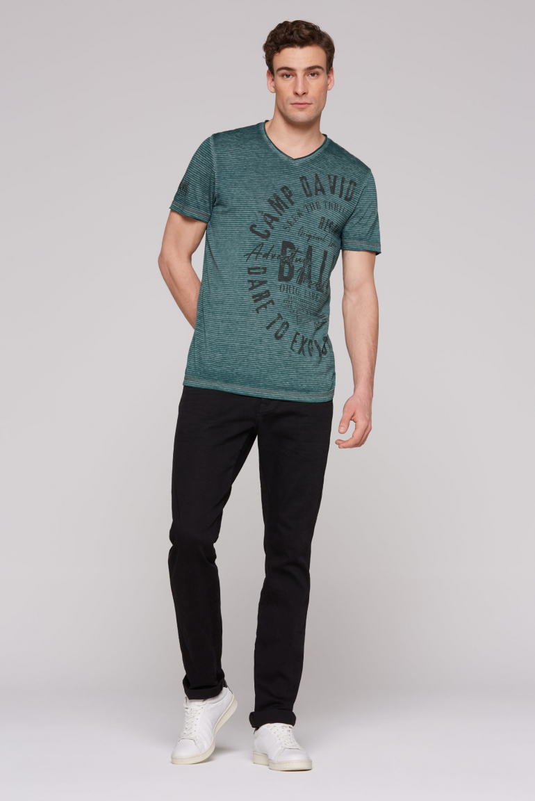 Gestreiftes Ausbrenner-Shirt mit V-Neck und Prints
