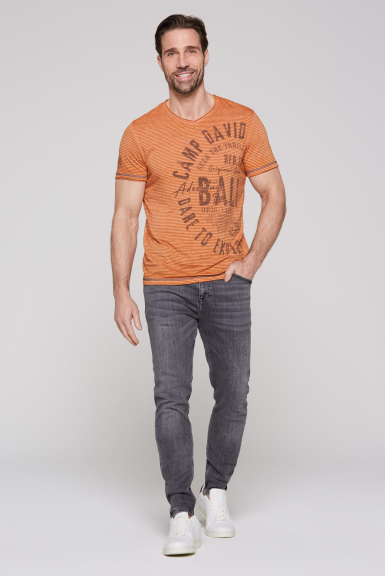Gestreiftes Ausbrenner-Shirt mit V-Neck und Prints