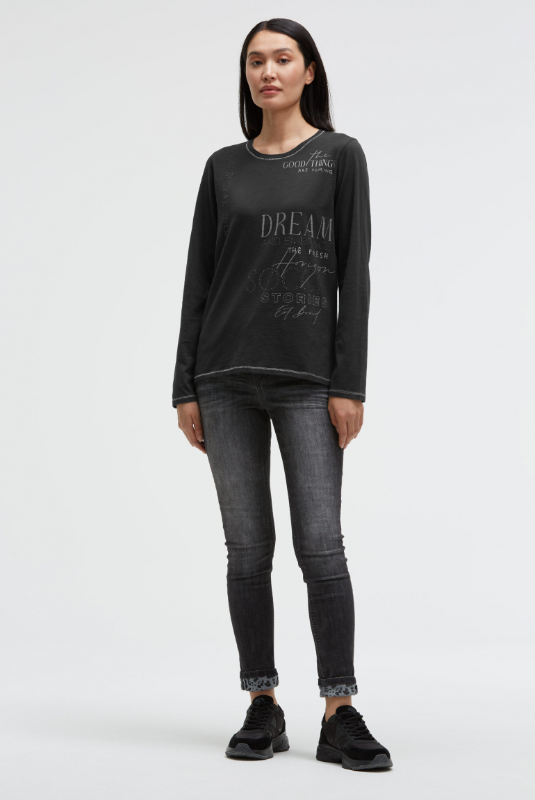 Langarmshirt mit Print und Schmucksteinen