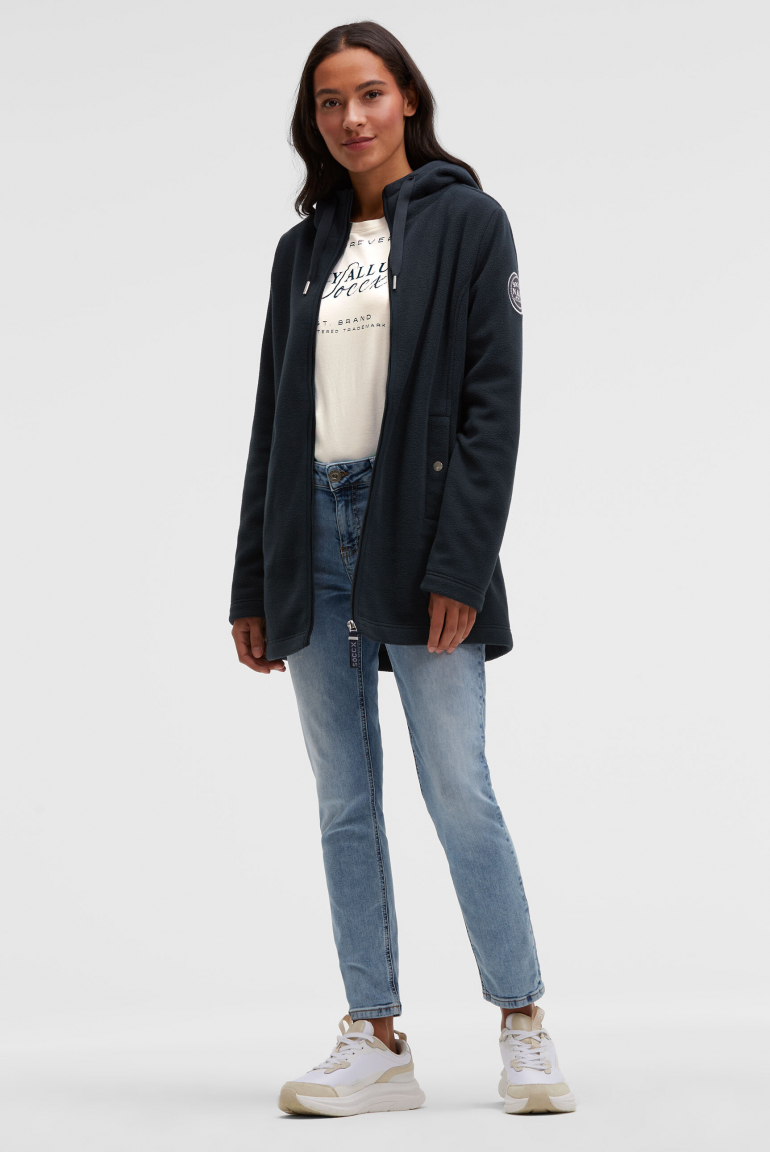 Lange Fleecejacke mit Kapuze und Label Patch