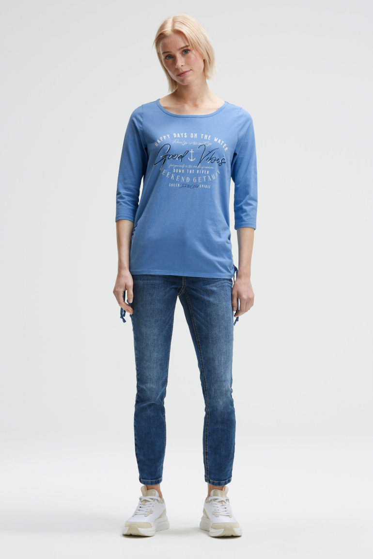 Rundhalsshirt mit 3/4-Ärmeln und Seitenraffung