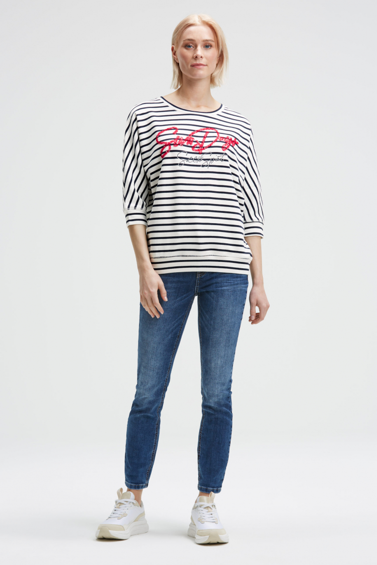 Streifensweatshirt mit Kurzarm und Pailletten-Wording