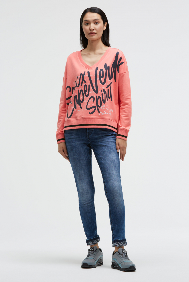 Sweatshirt mit V-Ausschnitt und Wording Print