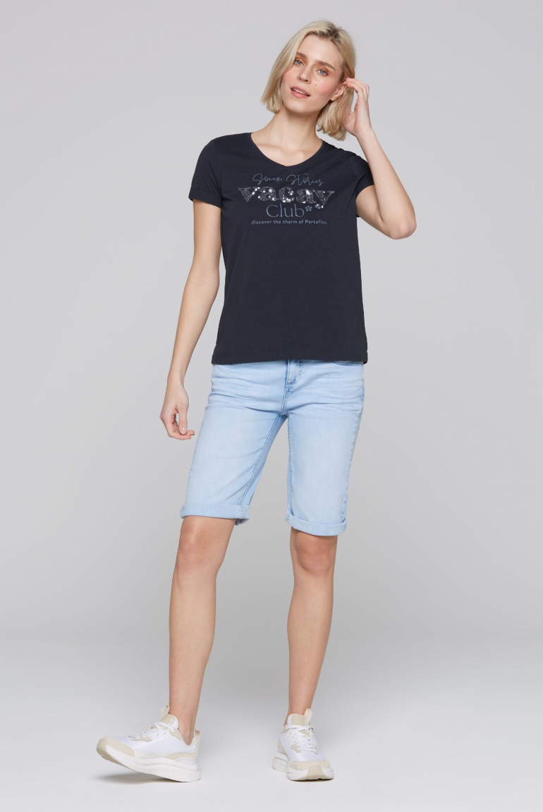 T-Shirt mit V-Ausschnitt und Pailletten-Artwork