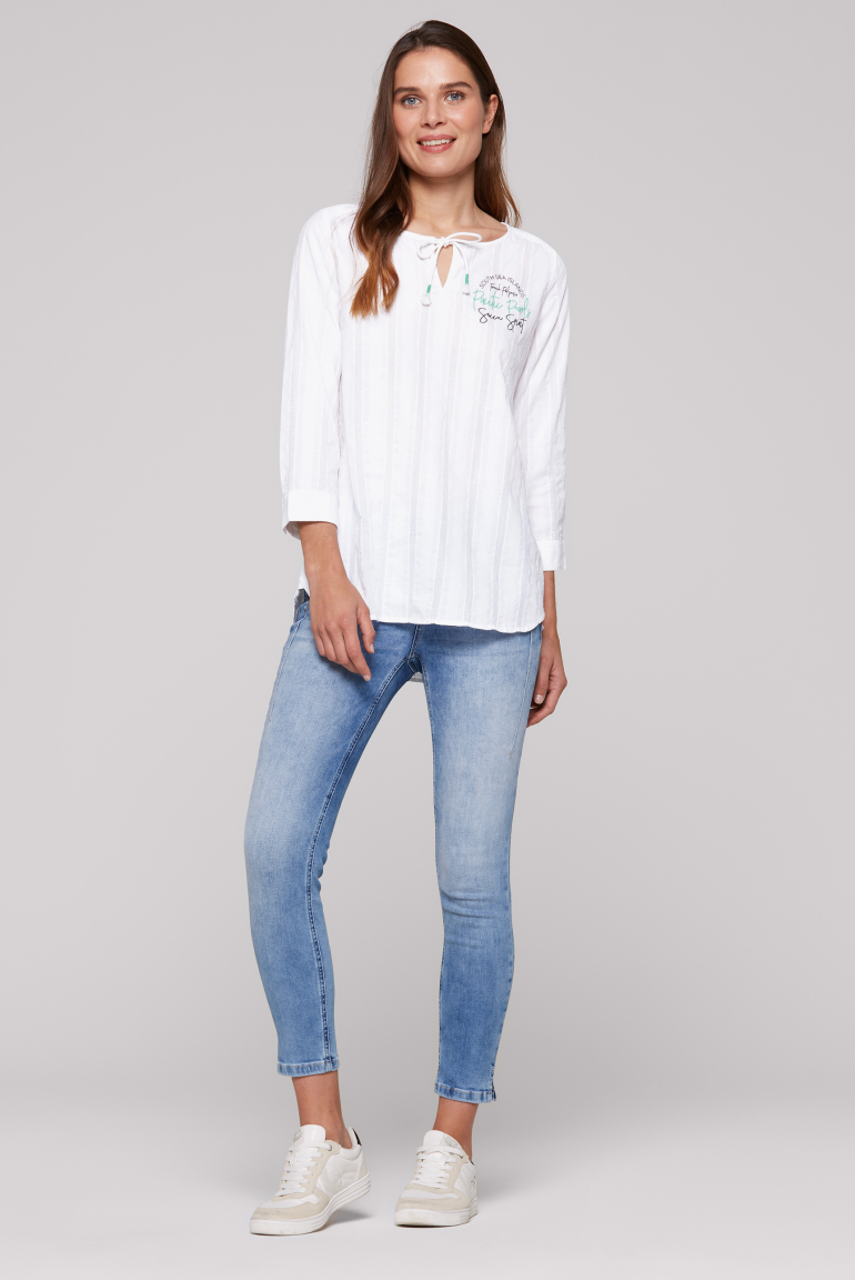 Tunika-Bluse mit Webstreifen und Print